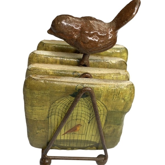 Albeua Stoneware Bird Rectangle Drink Coasters with Iron Works Stand “Holder” - Picture 1 of 14